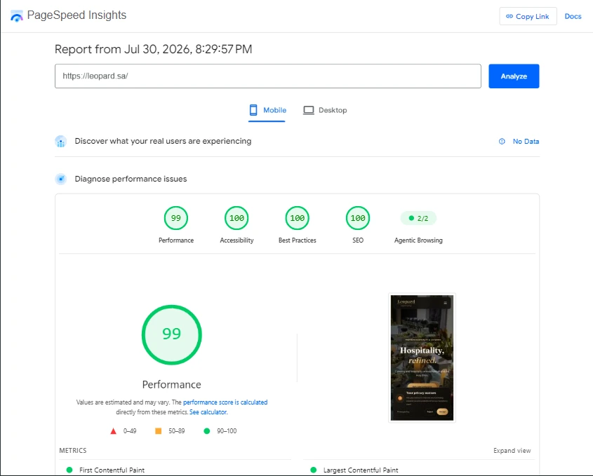 نتيجة PageSpeed لموقع ليوبارد على الجوال