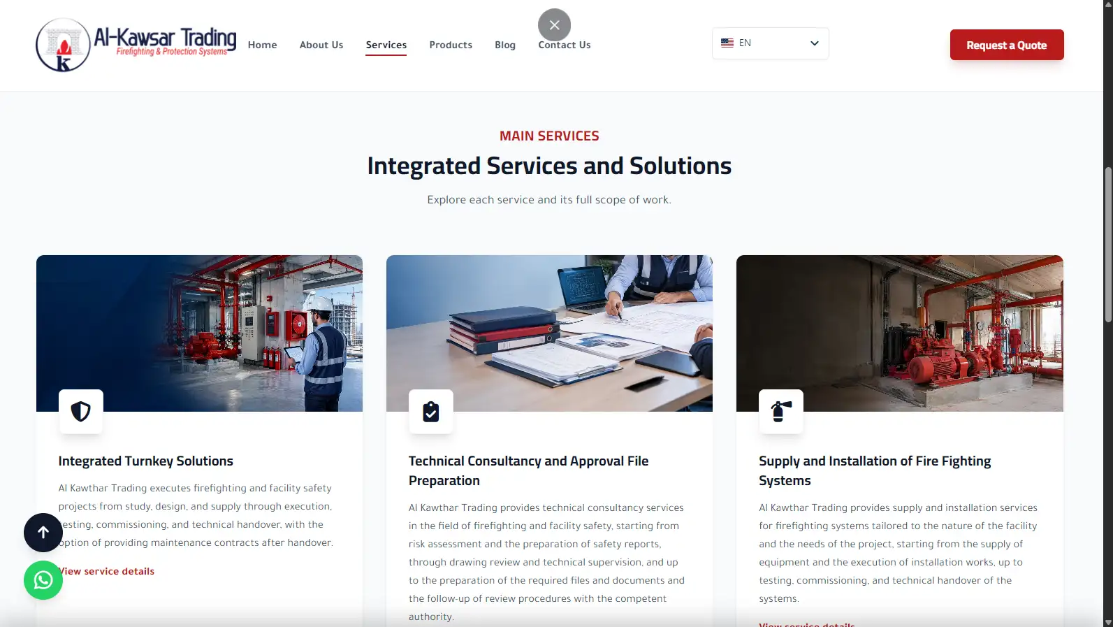 Service cards and firefighting solutions on the Al-Kawsar Trading website